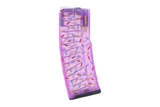 Mod-C AR-15 5.56 magazine with pink translucent body and printed sprinkle design